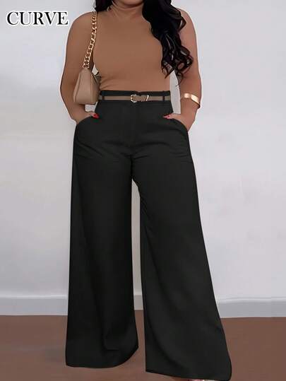 Women's Casual High Waist Pocket Design Flare Pants, Loose Fit Plus Size, Early Autumn