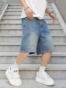 欧美青少年男孩复古休闲蓝色牛仔短裤 - 中等水洗藍 - 查看 8