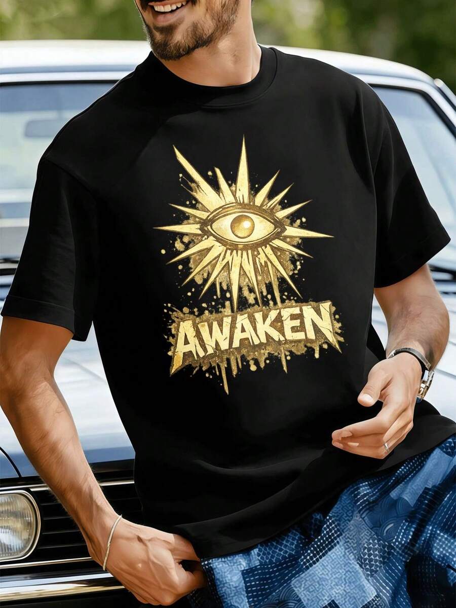 T-shirt nera da uomo Eye Graphic, primavera, tessuto di alta qualità, girocollo, vestibilità comoda, stile street hip-hop - nero - Visualizzare 1