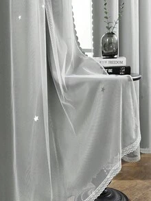 1pc Hollow Star Double-Layer Voile Curtain, Top Grommet Curtain With Cute Perforated Star Design, Sheer Curtain For Bedroom, Living Room, Themed Room, Holiday Party Decor - Grey - View 7