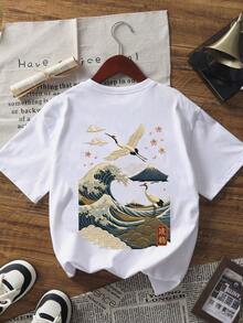 Nueva Camiseta de Verano Simple y a la Moda con Estampado de Ondas y Grúas Japonesas, Cuello Redondo, Manga Corta Blanca, Blusa Versátil y Elegante para Mujer - Blanco - Ver 2