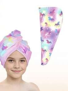 1条超细纤维女孩专用干发巾，带纽扣，可快速吸收湿发，适合包裹湿发，深色独角兽图案 - 彩色 - 查看 13