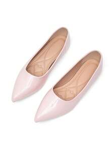 Women's Spring/Summer New Fashion Simple Elegant Embroidered Flats, Pointed Toe, Pearl Pink PU Leather, Comfortable Slip-On Low Heel Casual Shoes, Suitable For Office, Commute, All Seasons - Pink - View 2