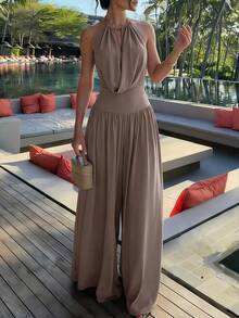 女士宽松阔腿无袖连体裤，适合温暖天气和休闲夏季造型 - 乾枯玫瑰色 - 查看 1