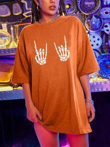 Lightweight Cotton Skull Print Round Neck-Shirt, Casual Loose Short Sleeve Fashion Summer-Shirt Top, Women's Clothing Suitable Summer - trắng - Xem 9