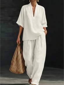 2026 Spring/Summer Women's Loose Solid Color Imitation Linen Casual Wide-Leg Pants Set Fashionable And Comfortable Two-Piece Outfit - màu đen - Xem 8