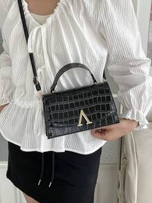 Hevel 女士手提包，鳄鱼纹压花高品质石纹托特包，2026 新款小众时尚百搭大容量单肩包，INS 大包，复古休闲街头风托特包，光泽高端质感斜挎包，2026 新款时尚高品质翻盖妈妈包，办公包，黑色包 - 黑色 - 查看 4