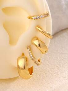 5pcs/Set Women's Gold Hoop Earrings Set, Copper With Zirconia Stone, Hypoallergenic, Petite Sleek Design, Lightweight & Thick, Fashion Versatile, Suitable For Multiple Piercings, Great For Beach, Date, Party, Holiday, Birthday Gift, Daily Wear - Yellow Gold - View 2