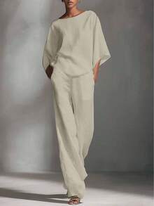2026 European And American Spring/Summer Vacation Cotton And Linen Style Top And Pants Set For Women - Khaki Gray - View 8