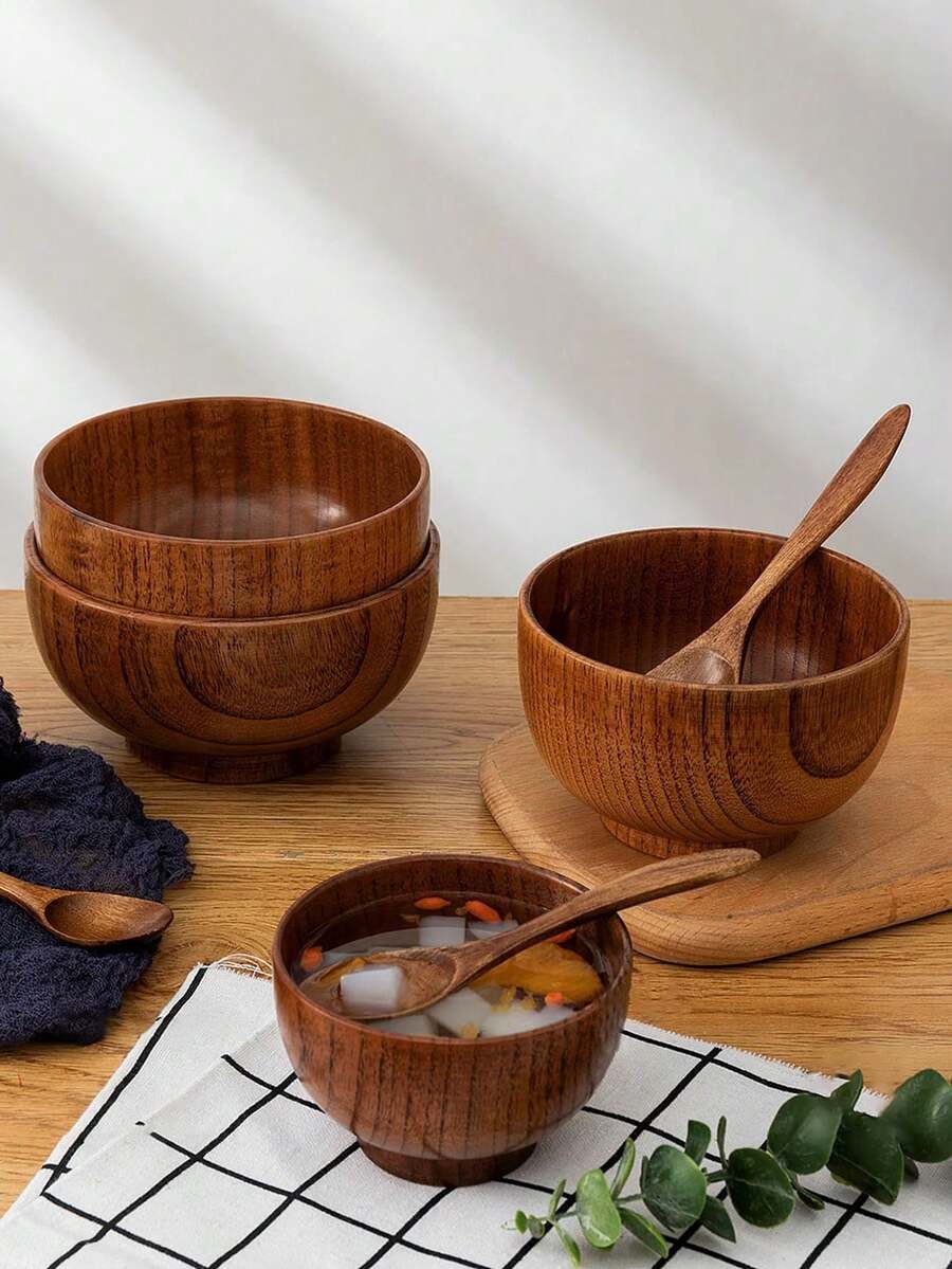 2pcs Japanese Minimalist Solid Wood Rice Bowls, Rustic Wood Grain Texture, Large Capacity Suitable For Soup & Noodles, Slight Variation In Wood Grain - Brown - View 1