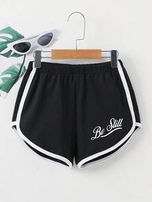 2 pezzi Set top a girocollo a maniche corte e pantaloncini neri per ragazze pre-adolescenti, con stampa alla moda di "lettere di tavola da surf", realizzato in tessuto traspirante e comodo con vestibilità morbida per un uso pratico e versatile - Grigio - Visualizzare 8