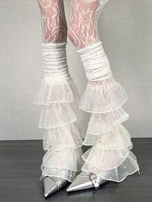 1pc Layered Pearl Beaded Ruffled Contrast Lace Leg Warmer, Y2k, Cozy - Multicolor - View 11