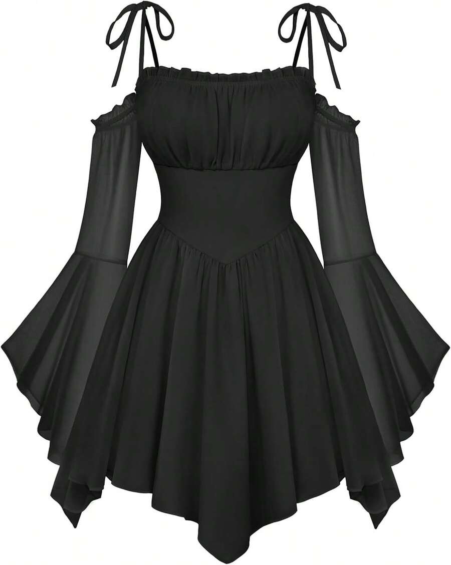 Womens Renaissance Fairy Dress A Line Boho Off Shoulder Corset Dress With Pockets - màu đen - Xem 1