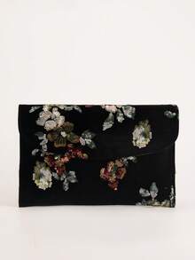 亮片刺绣花卉信封手拿包，女士时尚亮片拼接手提包，派对晚宴包，随机裁剪，适合女性，适合派对、婚礼、舞会，完美搭配派对、婚礼、舞会晚礼服、晚礼服和亮片连衣裙 - 黑色 - 查看 3