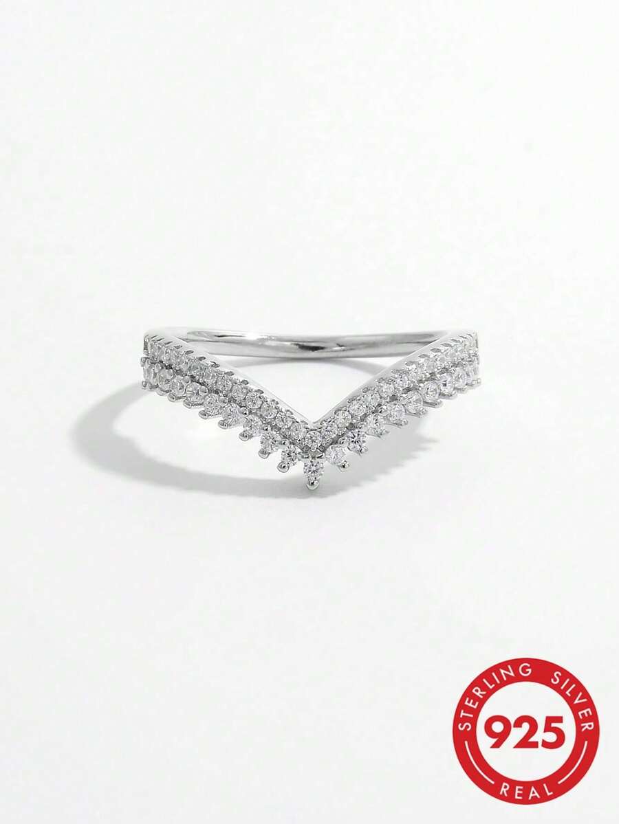 Vaerine 一件華麗、優雅、閃亮、時尚且大方的925銀人造立方氧化鋯兩層石頭淺v箭形設計戒指,婚禮訂婚新娘珠寶 - 銀色 - 查看 1