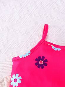 2 piezas Vestido de tirantes de punto con estampado floral ditsy cómodo para niñas - Rosa Fucsia - Ver 4