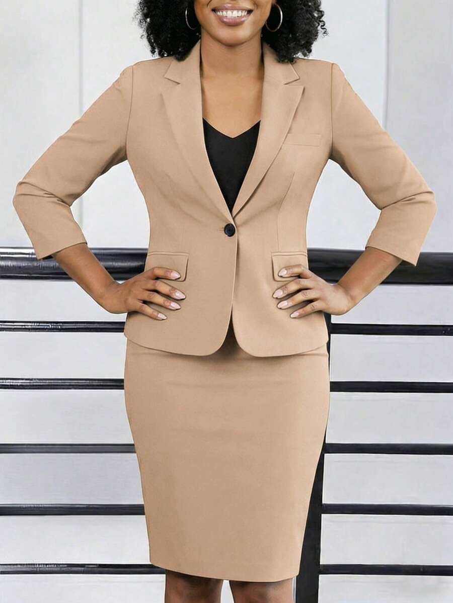 女士套装，长袖衬衫搭配铅笔裙，优雅舒适，适合办公室穿着，纯色纽扣设计，适用于工作、婚礼、度假、春秋冬三季。 - 卡其色 - 查看 1
