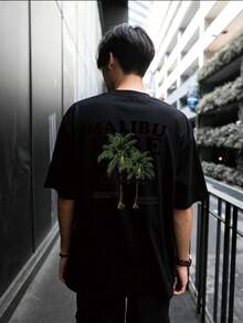 Malibu California Palm Tree Print Racing Retro Schwarzes Kurzarm-T-Shirt, Unisex Street Style, Größen S-XXL, Sommer Casual Outdoor Schule Familie Paar Tops Ideales Geschenk. - Schwarz - Übersicht 2