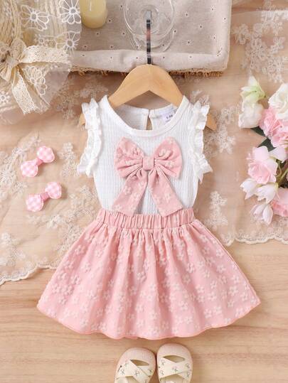 2件套女婴可爱甜美白色背心+粉色裙子套装，轻薄夏季服装