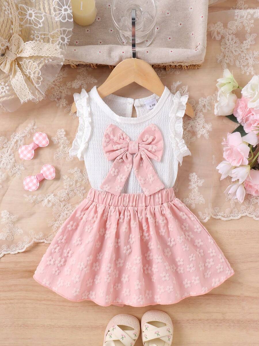 2件套女婴可爱甜美白色背心+粉色裙子套装，轻薄夏季服装 - 白色 - 查看 1