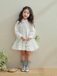 Vestido de manga larga con corte evasé, plisado y volantes con estampado floral para niña, primavera - Blanco - Ver 6