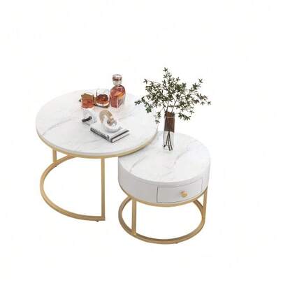(Model WF303615AAW Instructions Change) Modern Stackable Coffee Table With Glossy Marble Finish, Set Of 2 Pieces, Round Coffee Tables, Round Stackable Side Table