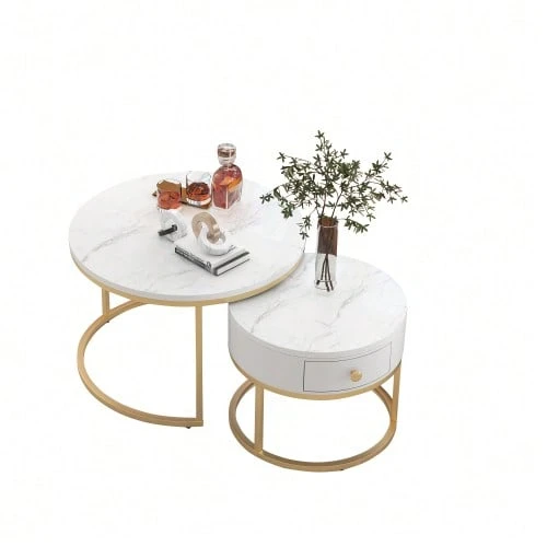 (Model WF303615AAW Instructions Change) Modern Stackable Coffee Table With Glossy Marble Finish, Set Of 2 Pieces, Round Coffee Tables, Round Stackable Side Table - White - View 1