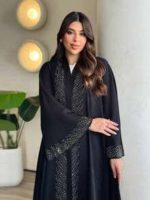 Áo Abaya dài dáng rộng màu đen đính đá lấp lánh, kiểu dáng kín đáo, thời trang dành cho nữ. - màu đen - Xem 5