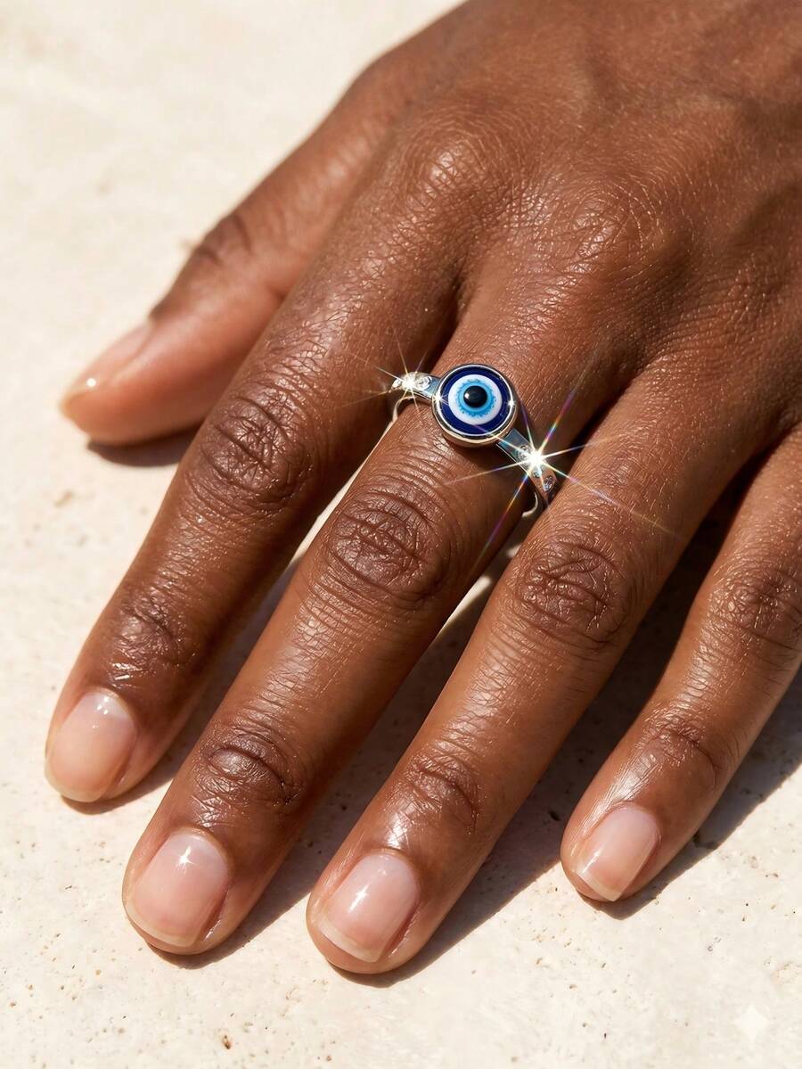 1pc Minimalist Evil Eye Ring For Men & Women, Silver Tone, Sizes 5-10, Blue Nazar Eye Charm With Crystal Rhinestone Inlay, Lucky Protection Amulet Jewelry Gift - 銀色 - 查看 1