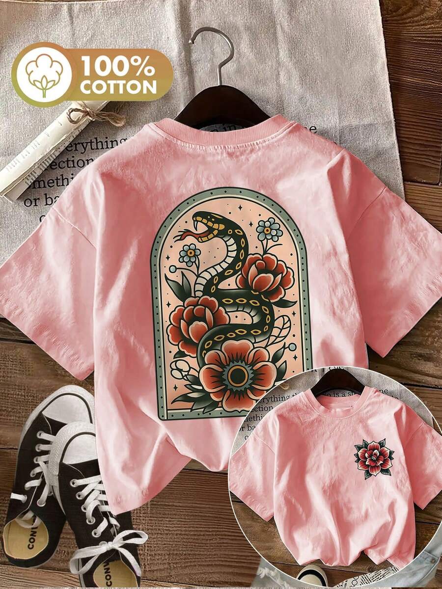 [Double-Sided Print]Summer Casual Women's Top, Vintage Style, Snake And Floral Print, Round Neck, Pure Cotton Short-Sleeve Cotton Womens Vintage Snake - 粉紅色 - 查看 1