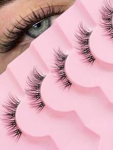 Rikuaild 7对自然半条式蓬松猫眼假睫毛，柔软可重复使用，适合日常佩戴和情人节派对 - 黑色 - 查看 1