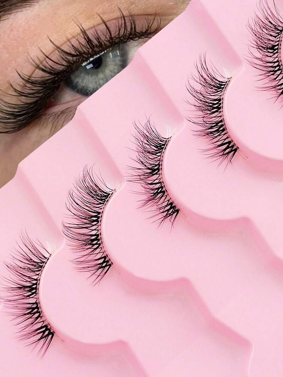 Rikuaild 7对自然半条式蓬松猫眼假睫毛，柔软可重复使用，适合日常佩戴和情人节派对 - 黑色 - 查看 1