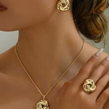 时尚简约金属耳钉、结饰戒指和吊坠项链套装，女士款 - 金色 - 查看 6