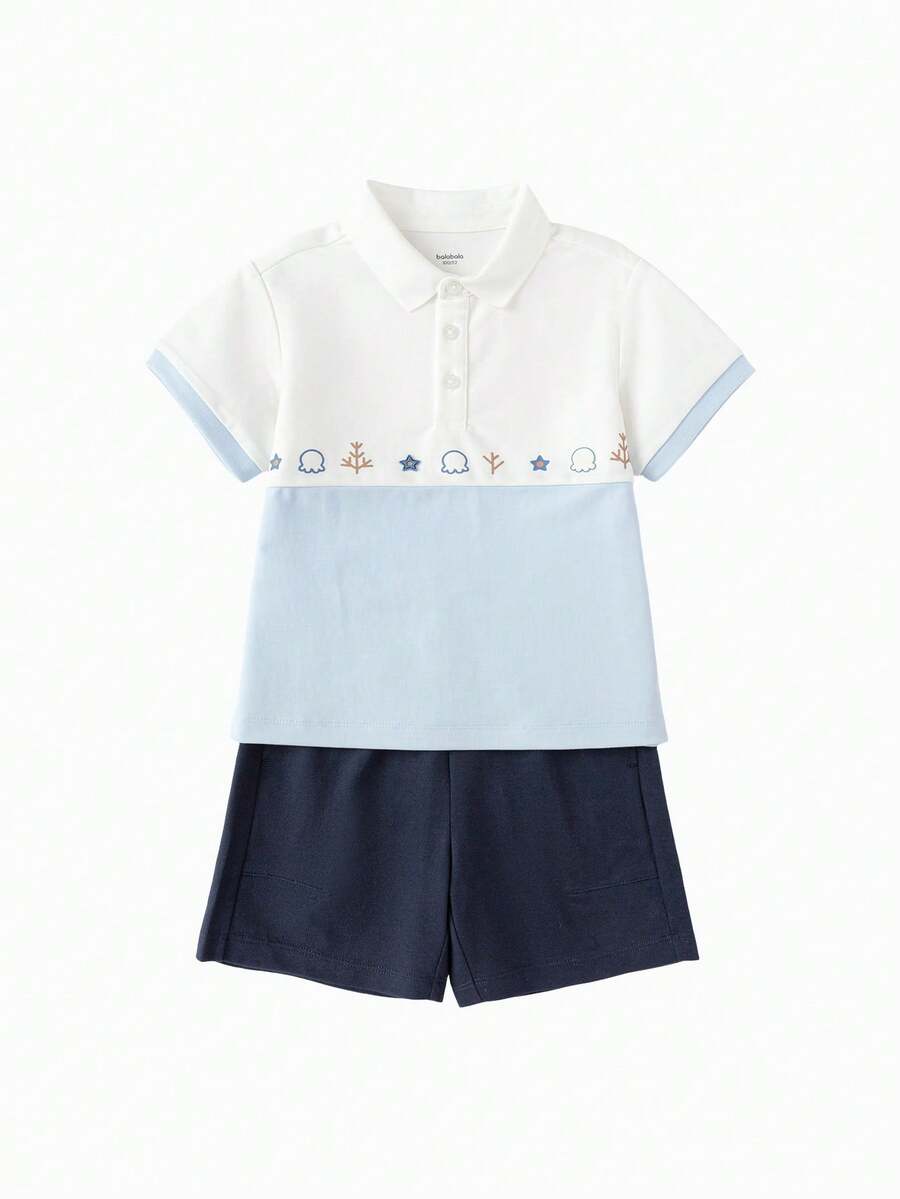 Balabala Boys 2PCS Polo Set Colorblock Stylish Smart Casual Summer Outfit 2026 - Dark Blue - View 1