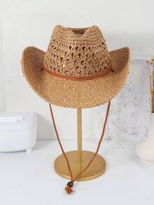 Bohemian Style Hollow Straw Hat, Summer Fashion Beach Vacation UV Protection Woven Khaki Hat - A - View 7