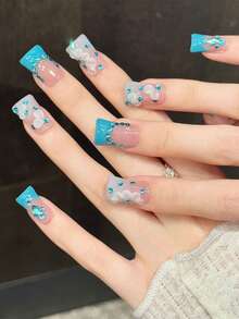 10 piezas de uñas postizas cortas con forma de pato, estilo francés azul lago con cristales, patrón floral elegante, ajuste cómodo - Azul menta - Ver 2