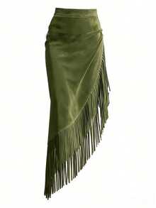 New Vintage Western Style Fringed Asymmetrical Zipper Closure Solid Color Casual Skirt For Women Spring - Green - View 3