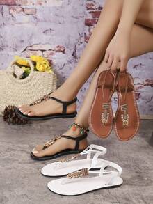 Sandal đế bằng đính hạt kiểu Bohemian cho nữ, thoải mái, gợi cảm, thời trang, thanh lịch, thích hợp đi biển hoặc đi nghỉ mát, sandal đế bằng đính hạt bằng da PU cho nữ, mùa hè. - màu đen - Xem 2