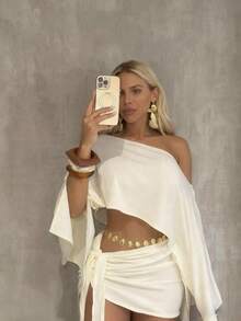 Boho 2 Piece Outfits Textured Off Shoulder Batwing Sleeve Top & Tie Side Skirt Set, Sexy Solid Seaside Vacation 2 Piece Outfits Trajes Elegantes De Mujer Summer Beach Resort Wear - 白色 - 查看 2