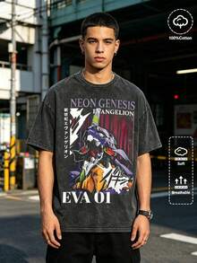 Washed T-Shirt Unisex | Retro Mecha Graphic | Anime Print Short Sleeve - 黑色 - 查看 4