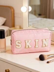 4个装雪尼尔字母刺绣化妆包，大容量多功能洗漱包 - 彩色 - 查看 5