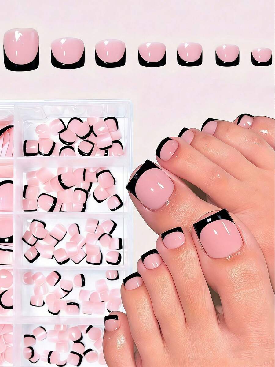 120pcs/Box Pink Square Black French Fake Toenails, Full Coverage Artificial Toenails Nail Art Supplies - Multicolor - View 1