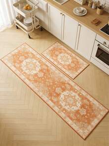 1件装经典精致花卉印花装饰地毯，适用于厨房地毯、门垫、小地毯、走廊地毯、地垫、家居装饰、户外地毯、卧室地毯，可水洗 - 珊瑚橙 - 查看 2