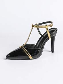 New Arrival Women's French Style Pointed Toe Thin Heel T-Strap High Heel Shoes, Patent Leather Gold Trim Ankle Strap Peep Toe Black & Brown Pumps - Black - View 6