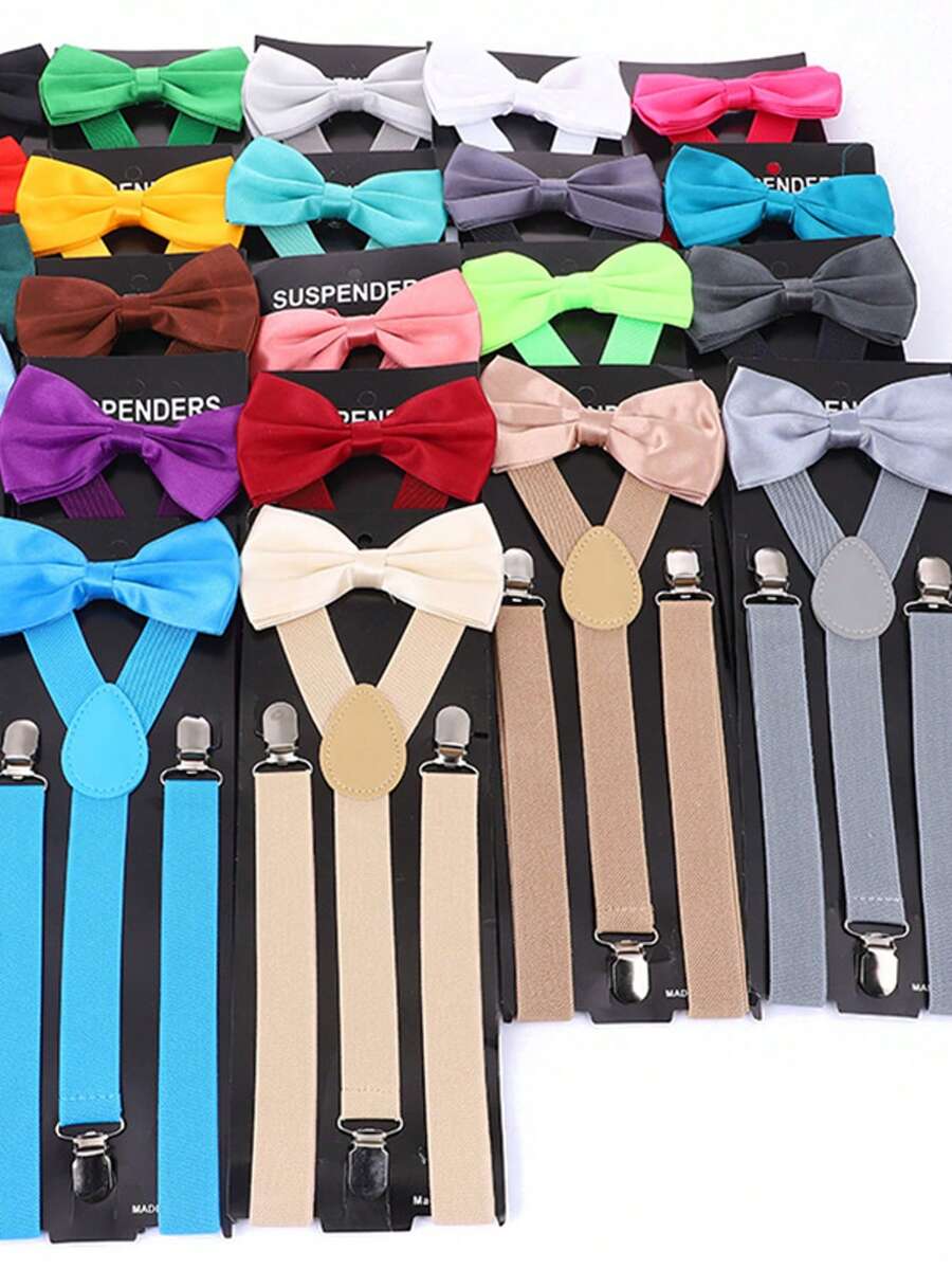 2pcs Men's Fashion Versatile Adjustable Solid Polyester Suspenders & Stylish Polyester Bow Tie Set Suitable For Weddings, Ceremonies, And Daily Use - Khaki - View 1