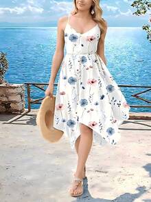 Plus Size Women Floral Print Asymmetric Hem Casual Slip Dress Elegant Vacation White Summer - White - View 2