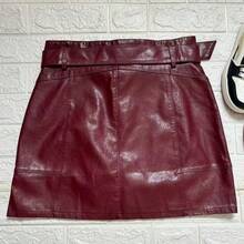 Faux Leather Skirt With Belt, Slim And Versatile, Autumn/Winter. - Burgundy - View 5