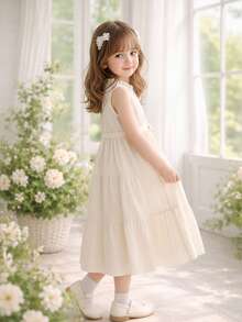 Đầm maxi không tay màu trắng kem cho bé gái, cổ bèo nhún + nơ thắt eo, chân váy xòe, thích hợp cho đi chơi và mặc hàng ngày. - Màu be - Xem 4