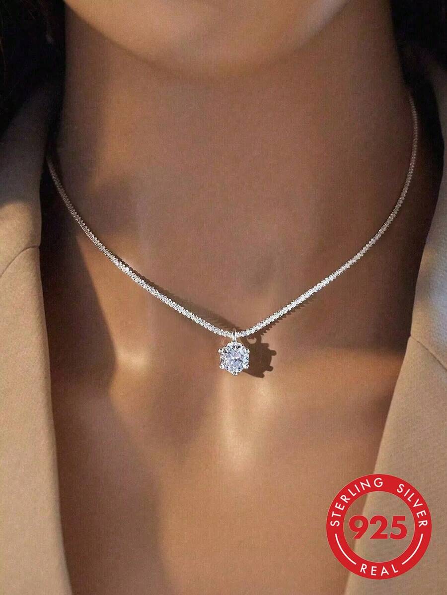 1件闪亮莫桑石白色吊坠项链，925纯银首饰，优雅女士礼物，日常佩戴