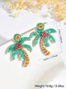 OOQ 1 Pair Handmade Colorful Beaded Coconut Tree Earrings, Bohemian Vacation Style Palm Tree Bead Earrings, Suitable For Women's Daily, Vacation, Party Wear (Handwoven Raffia, Random Shape) - Green - View 3